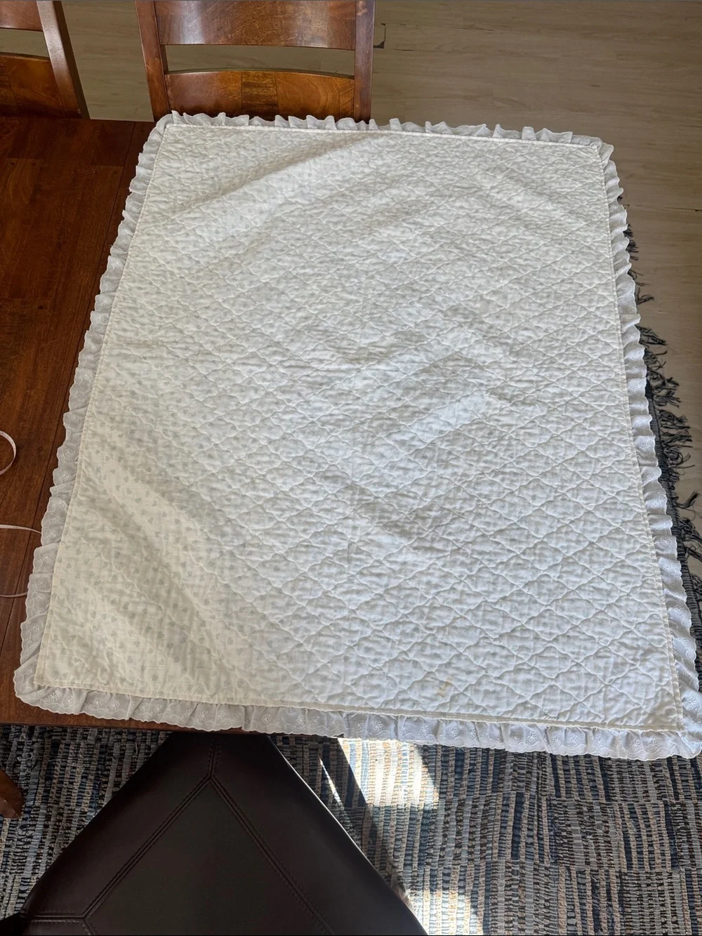 Vintage Yellow Precious Moments Baby Quilt w/ Ruffle Trim approx 45inX35&1/2in